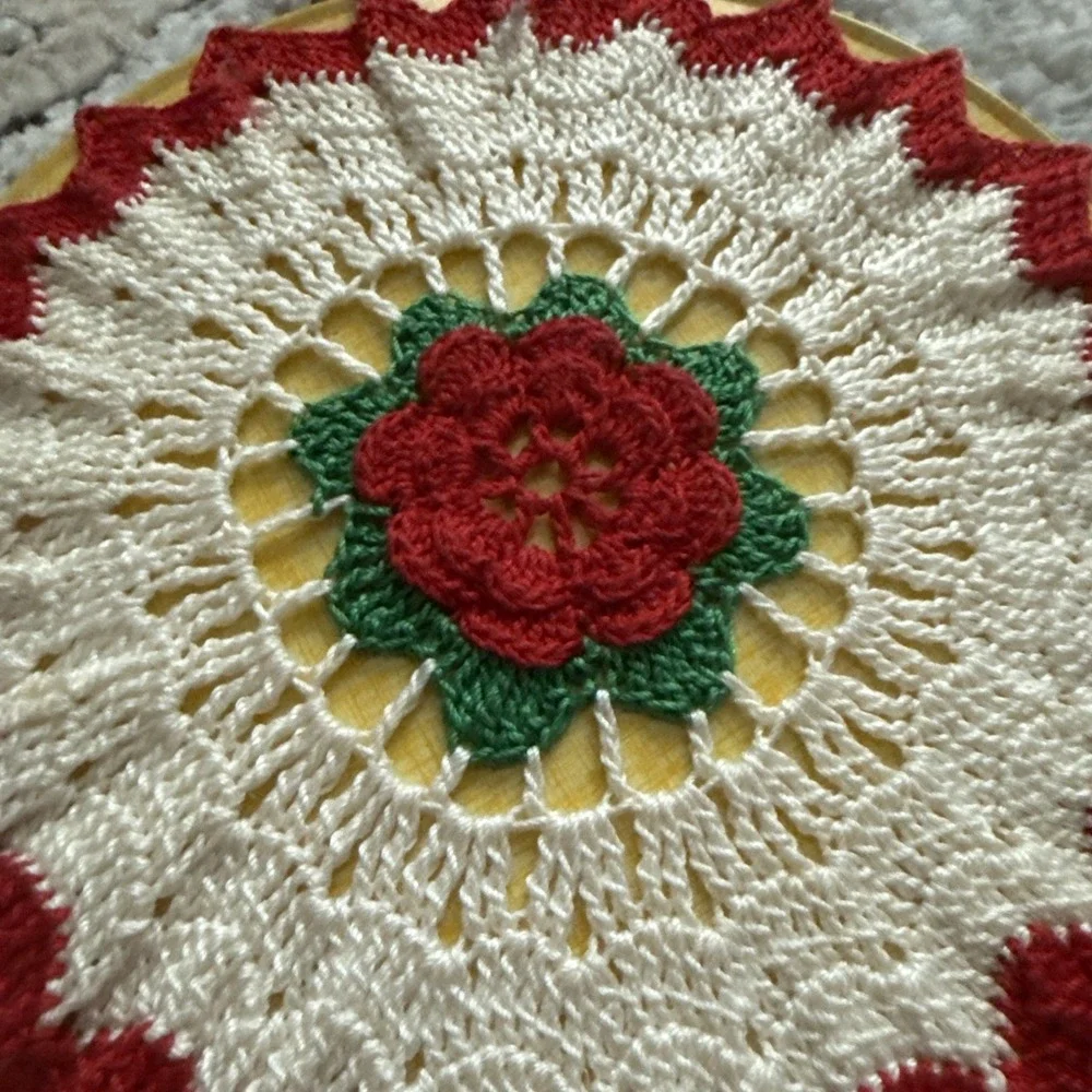 Vintage Hand Crocheted Kitchen Trivet And  Cover Doily Red/White Raised Rose